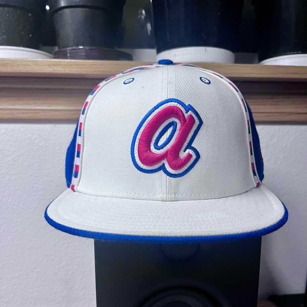 White and Blue Kids Cap with Pink Logo